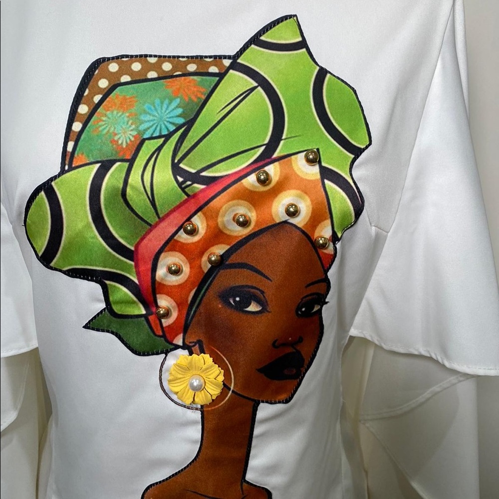 White Graphic Tunic Top with Green Headwrap Motif